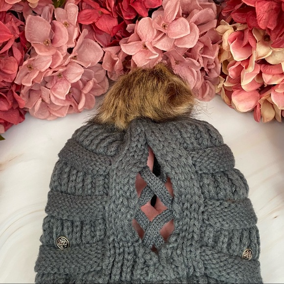 Dark Gray Knit Criss Cross Ponytail Pom Pom Beanie with Mask Buttons - Picture 12 of 15